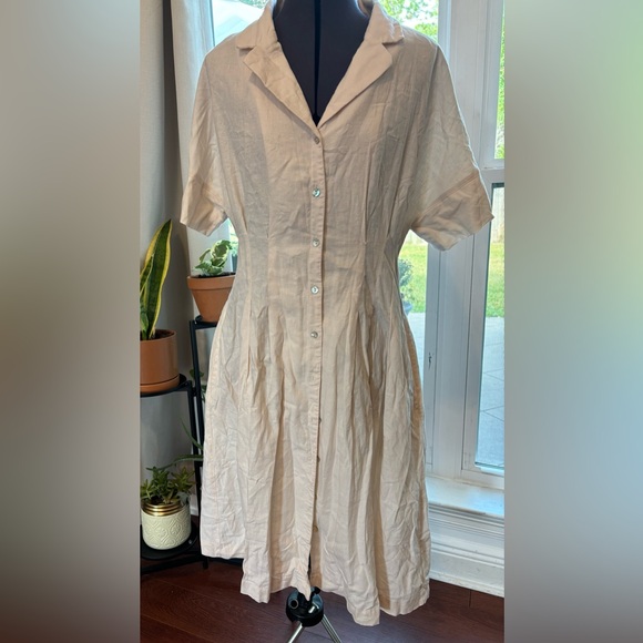 Linen Blend Button Down Shirt Dress (Sz 14) H By Halston Beige Midi. Brand New. - Picture 1 of 3
